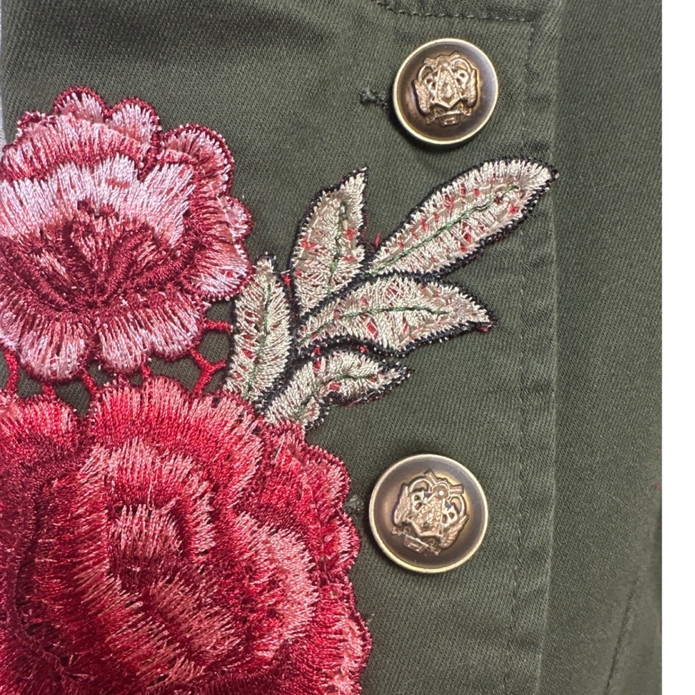One 5 One Olive Green Military Peplum Jacket Red Floral Embroidery Womens Large - Picture 6 of 10